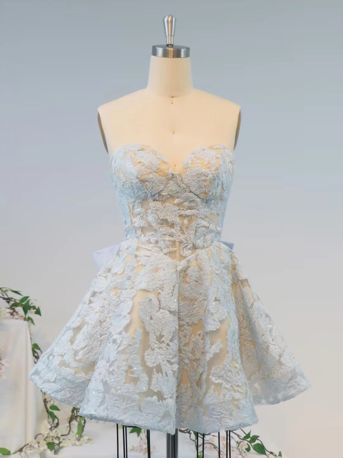 Blue Floral Lace Corset Short Homecoming Dress - FashionDia