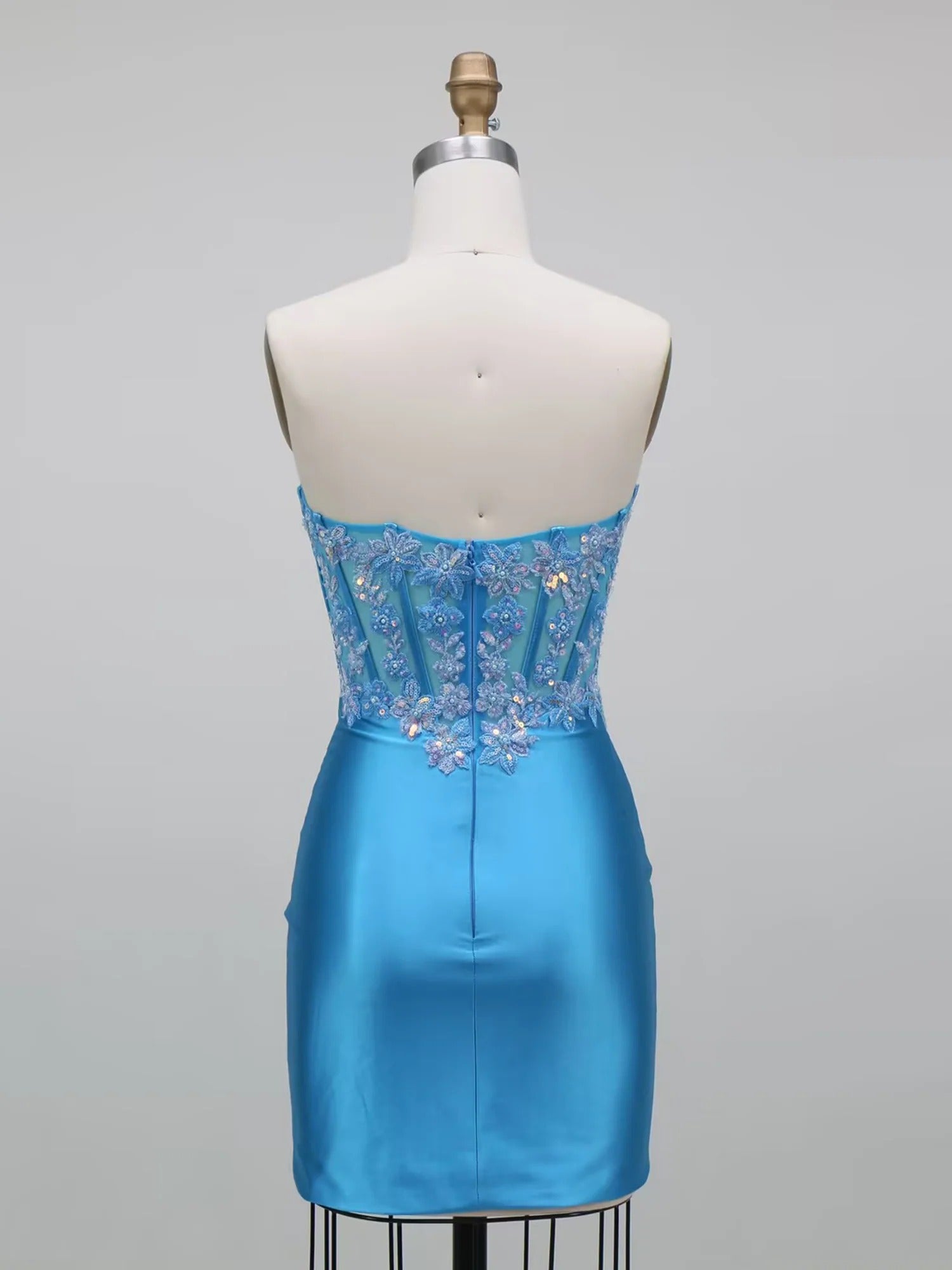 Sky Blue Strapless Lace Corset Satin Short Homecoming Dress