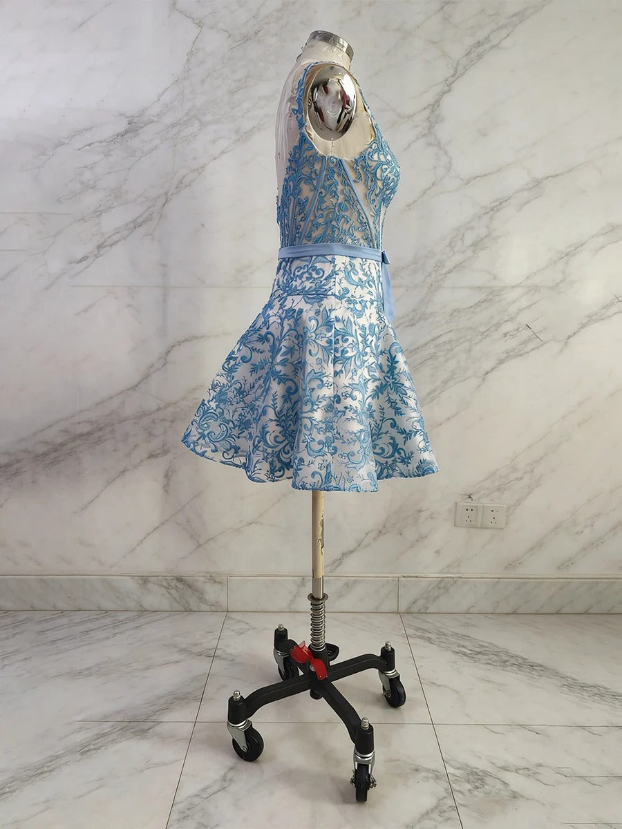 Blue Print A Line Floral Corset Short Homecoming Dress With Bow