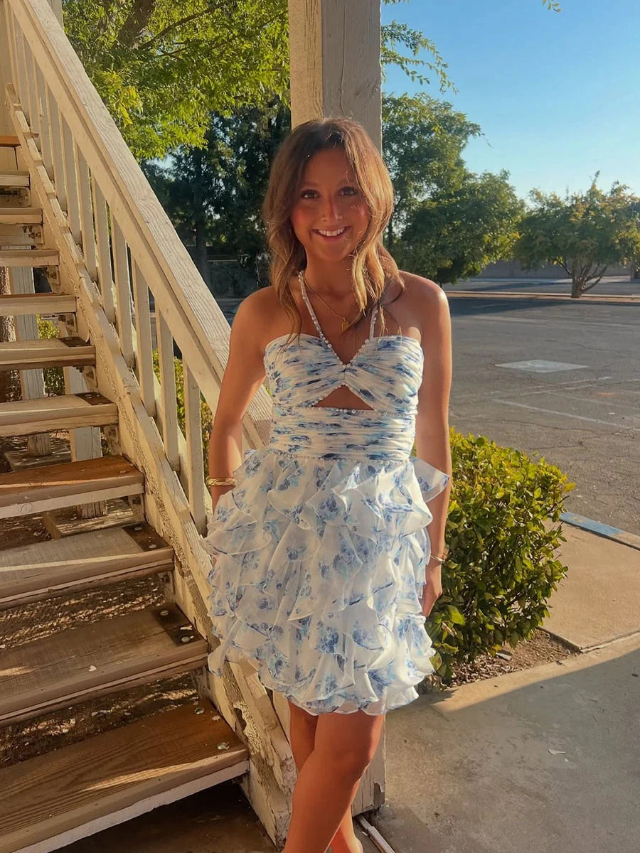 Blue Floral Halter Ruffled Tiered Pearl Hoemcoming Dress