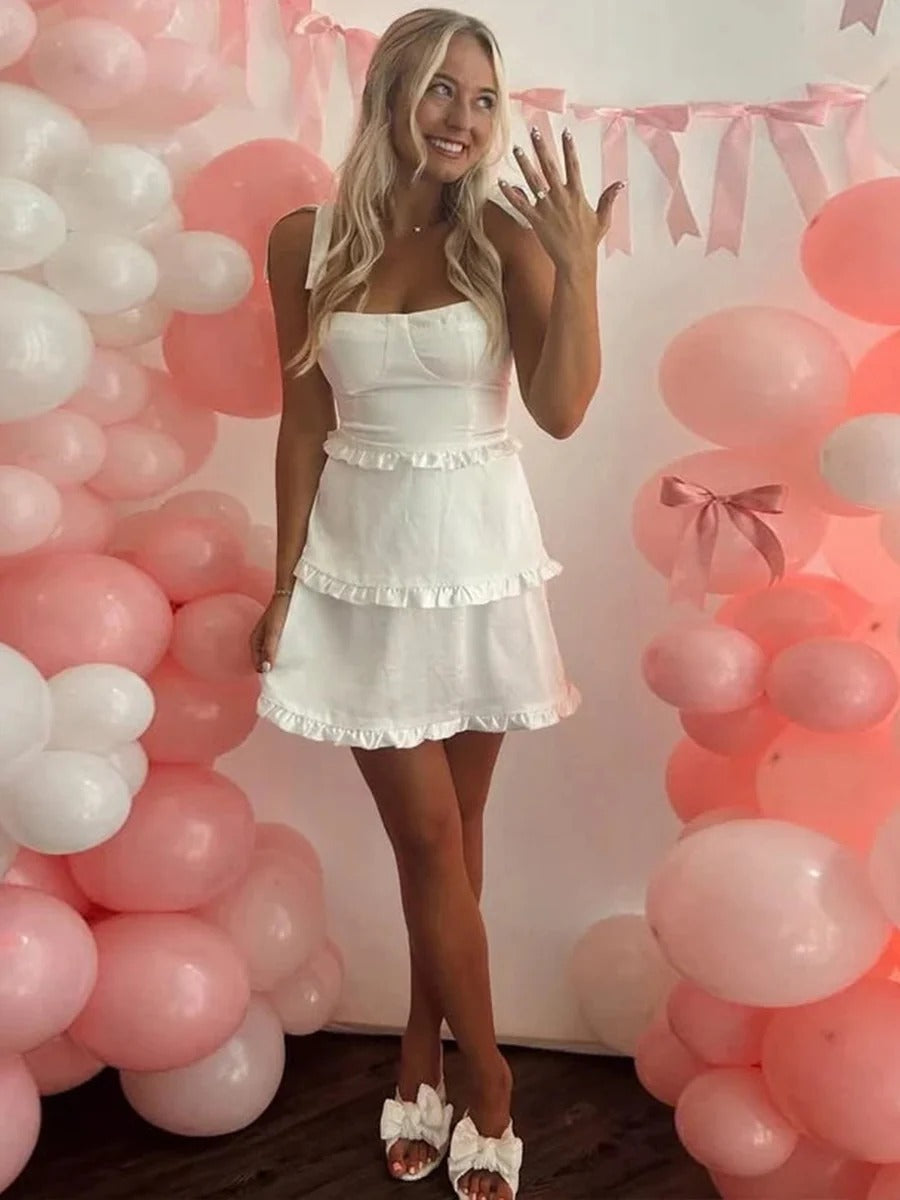 Satin A-Line Empire Straps Ruffle Short Homecoming Dress