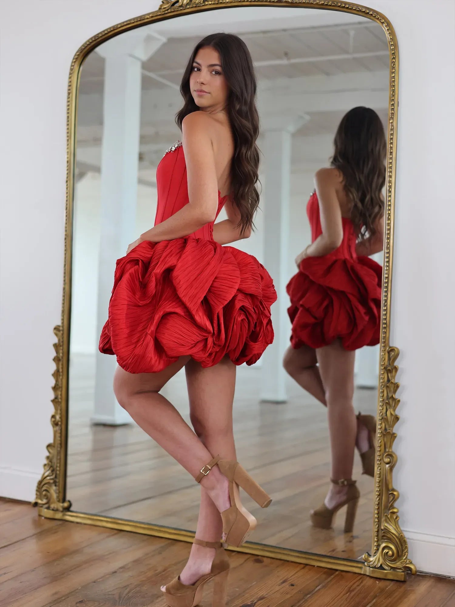 Strapless Rhinestone Corset Mini Homecoming Dresses with Tiered Rosette Skirt and Lace-Up Back