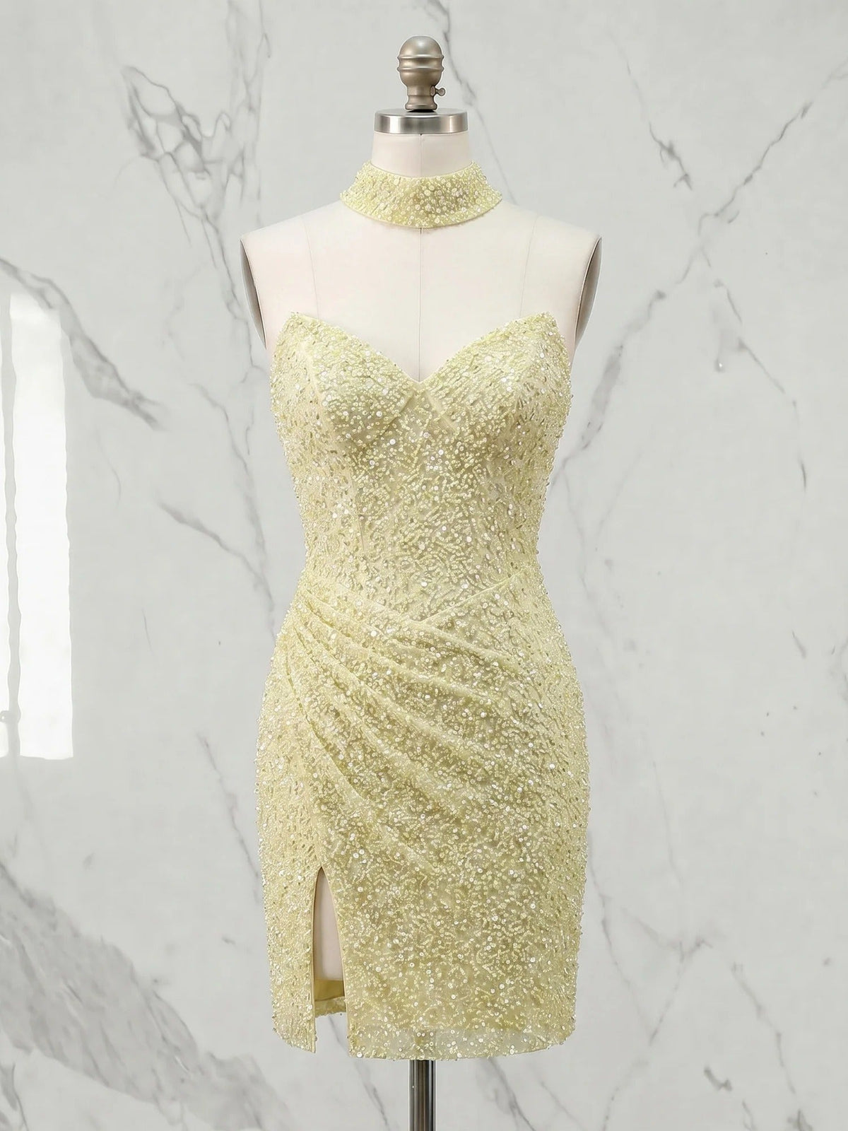 Luminous Butter Yellow Sequin Corset Slit Homecoming Dress with Choker - FashionDia
