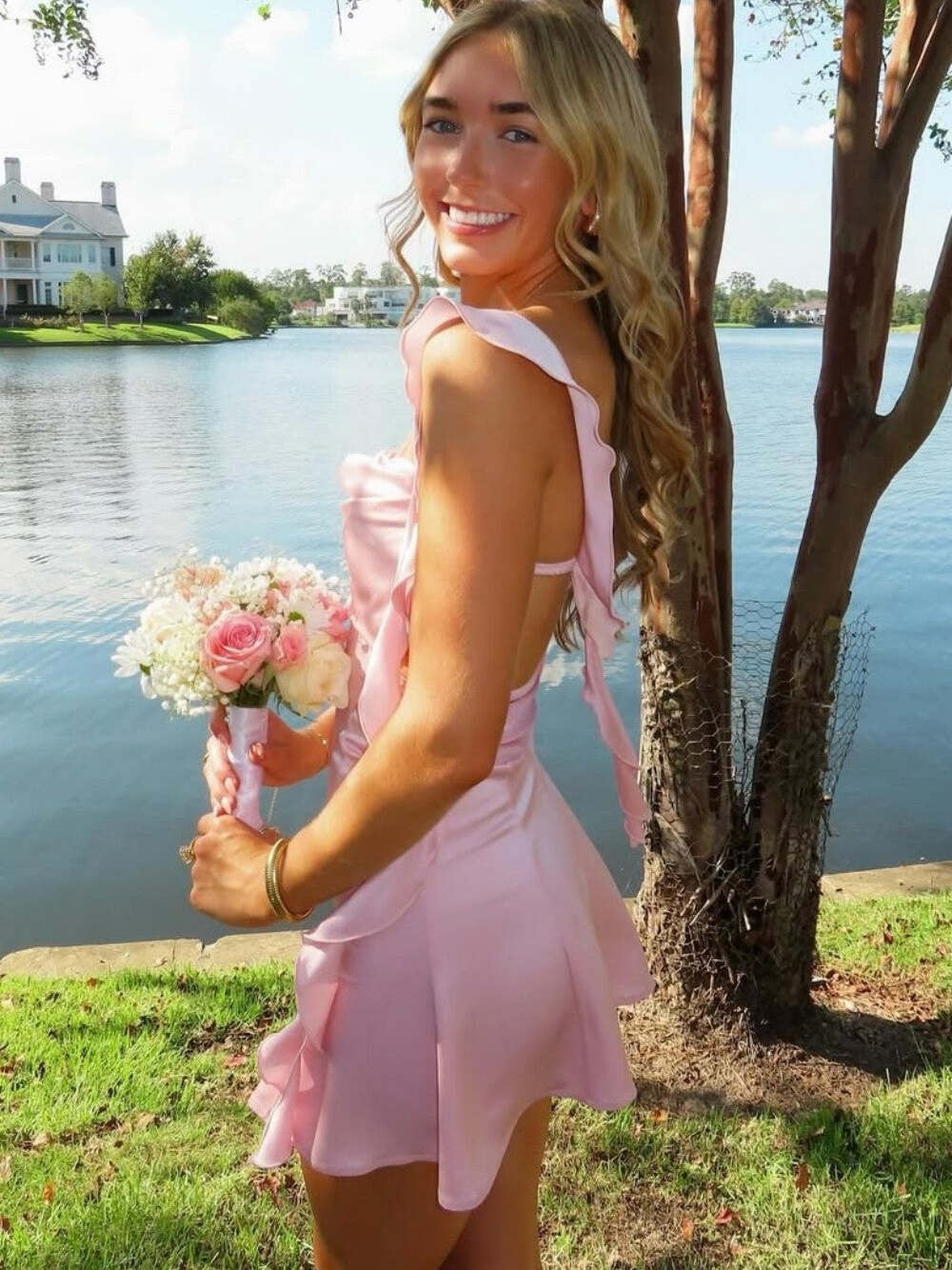 Ruffle Strap Short Homecoming Dress with Cutouts