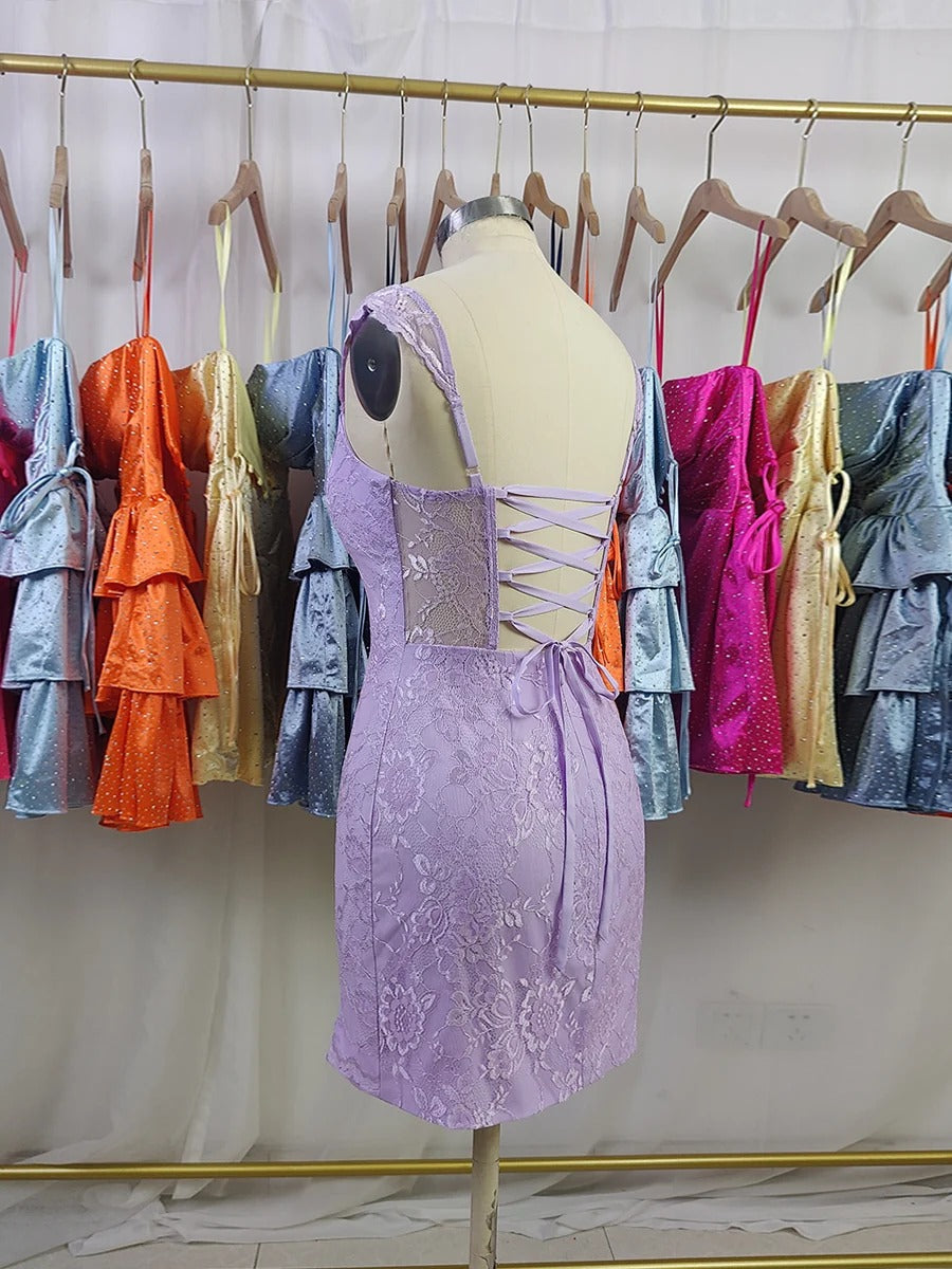 Lace Bodycon Mini Homecoming Dress with Side Slit