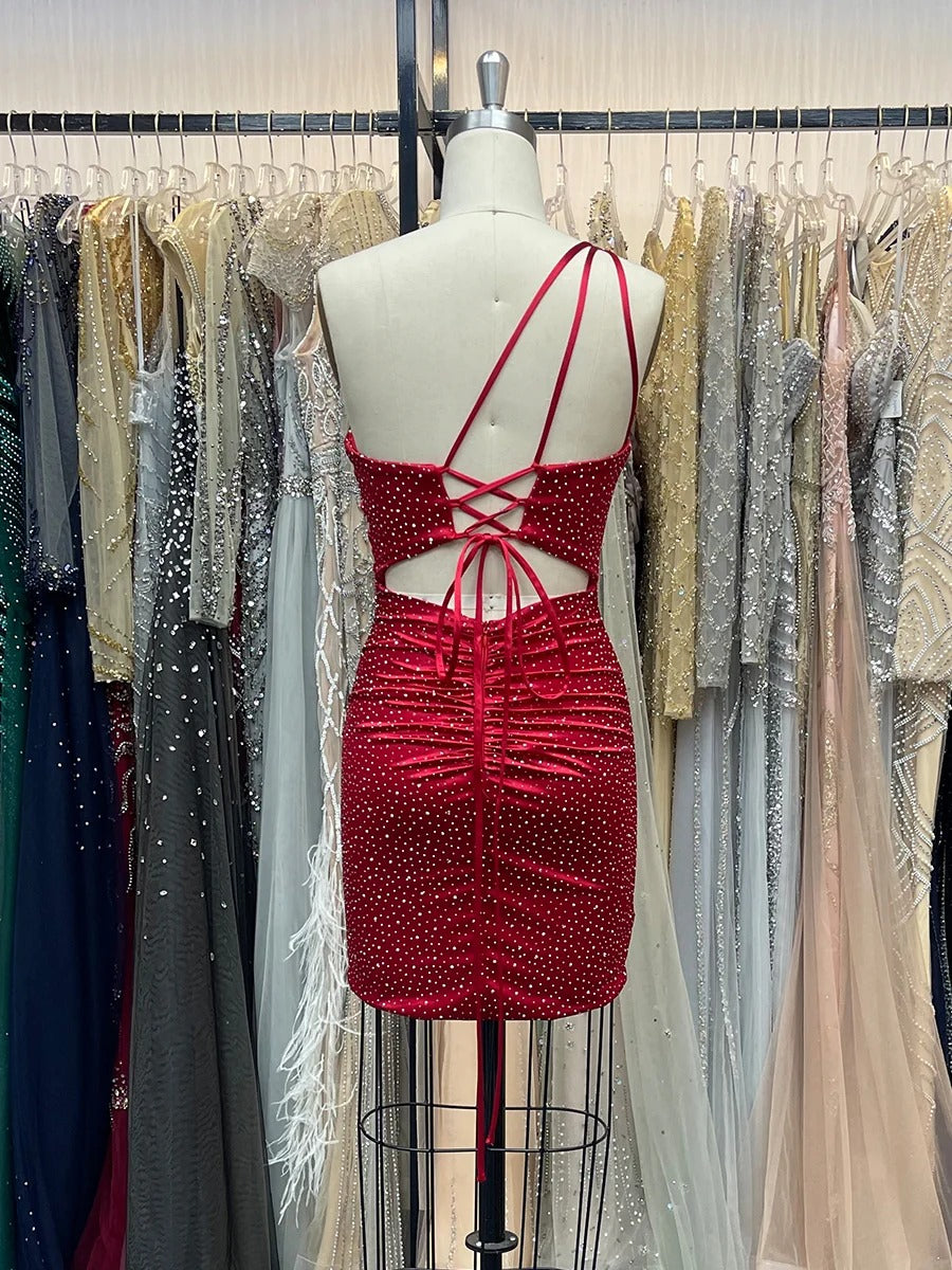 Sheath One Shoulder Short Homecoming Dress with Beading