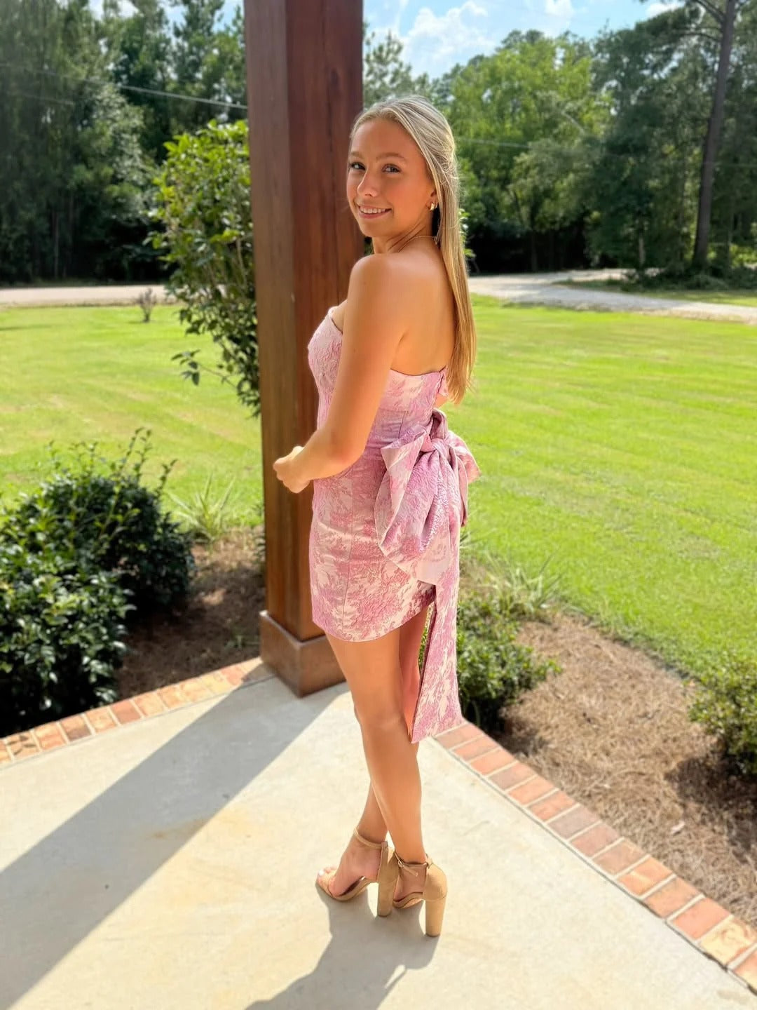 Strapless Tight Homecoming Dress with Back Bow