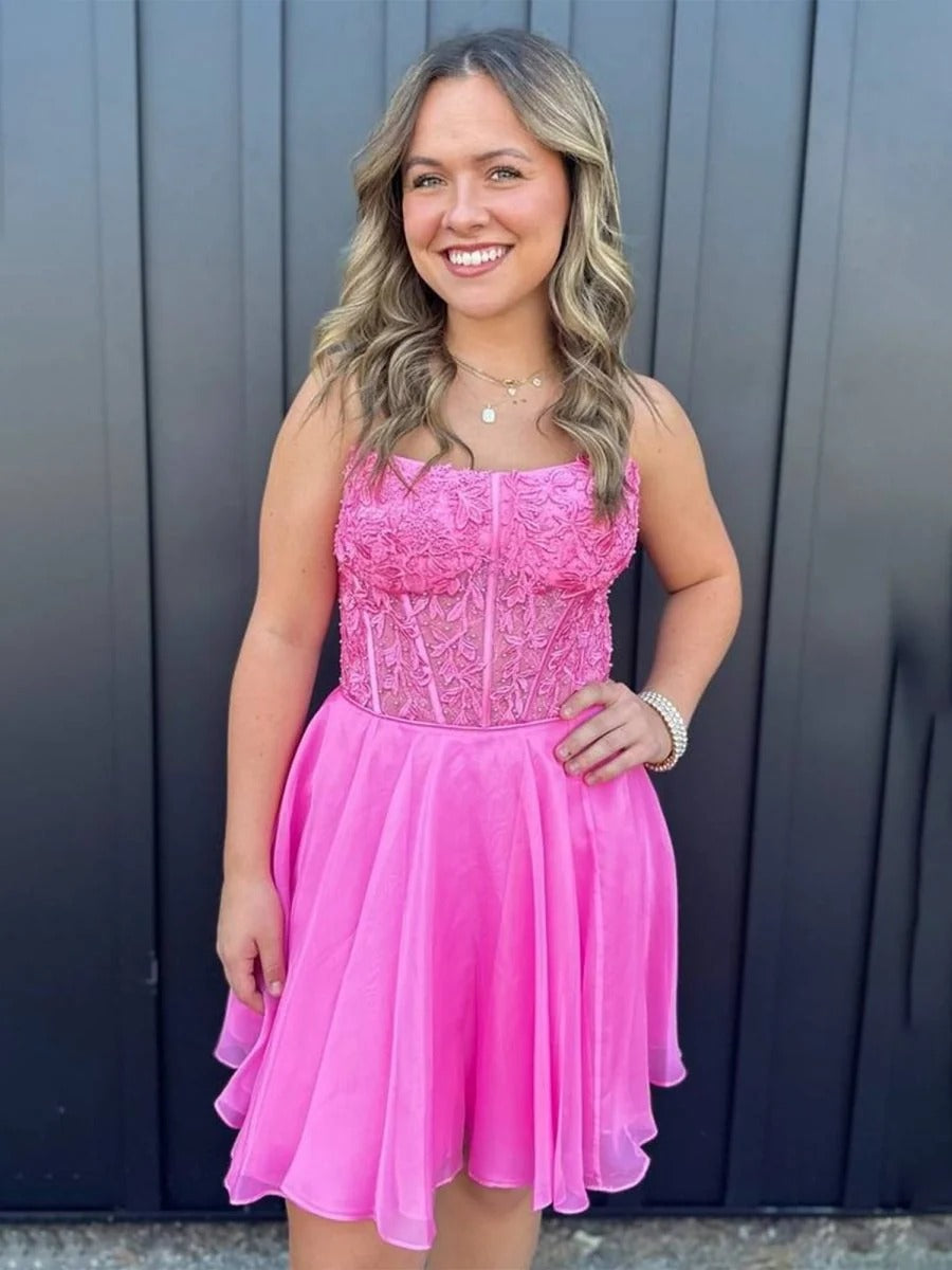 Strapless A-Line Appliques Chiffon Short Homecoming Dress - View 2 | FashionDia
