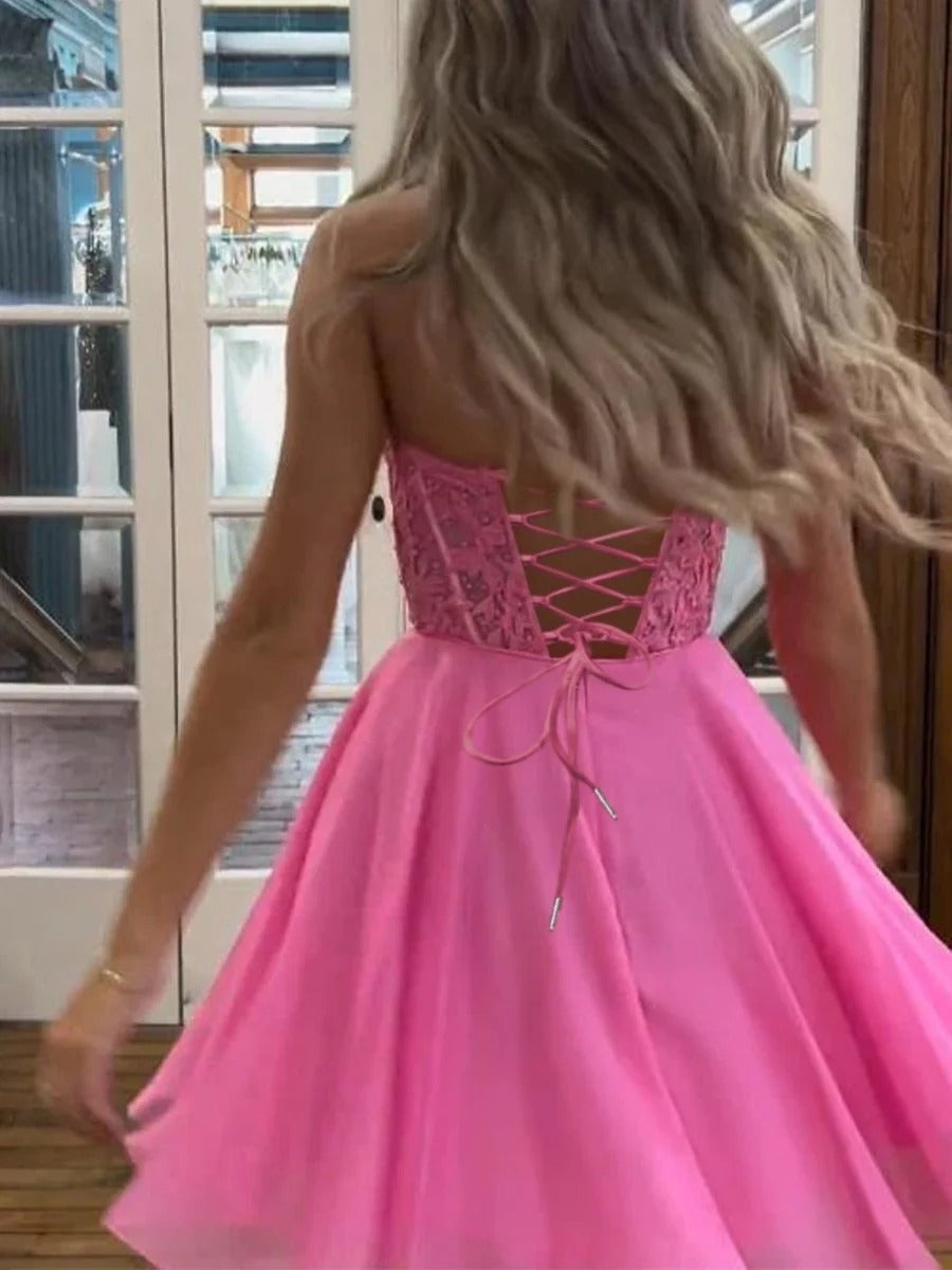 Strapless A-Line Appliques Chiffon Short Homecoming Dress - View 4 | FashionDia