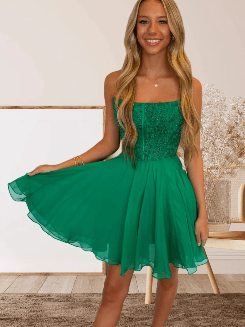Strapless A Line Appliques Chiffon Short Homecoming Dress