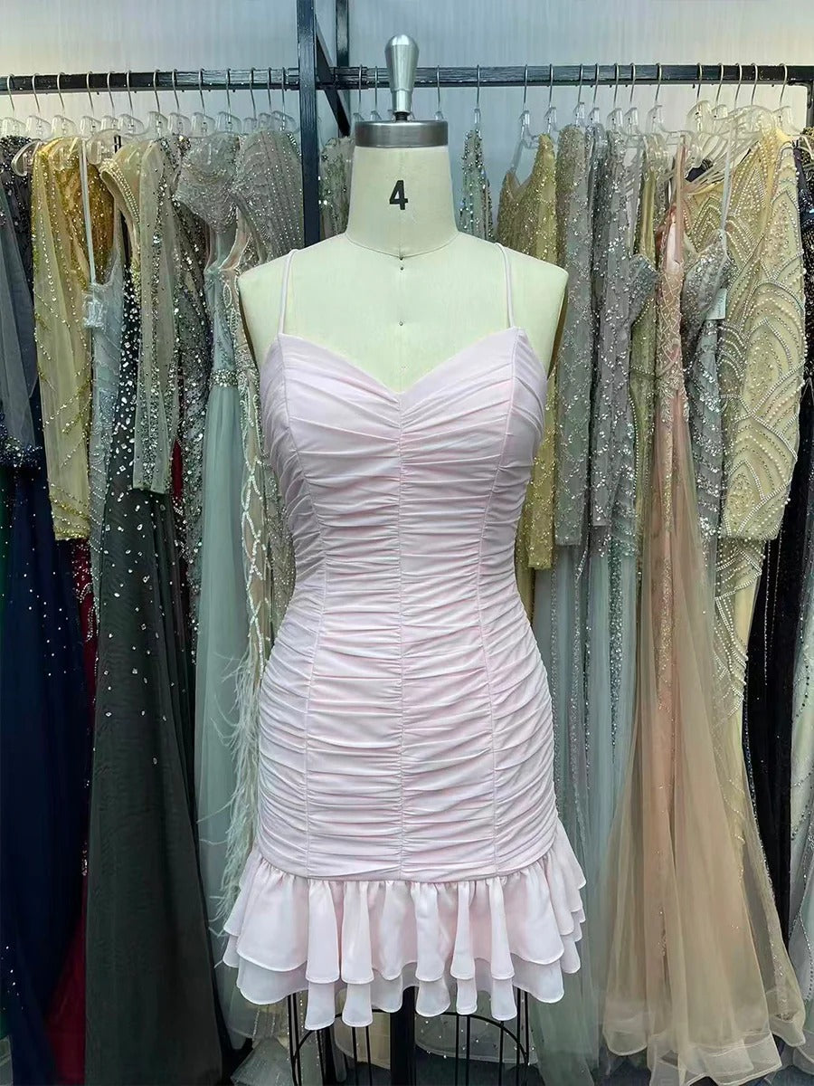 Cute Sheath Satin Short Homecoming Dress with Ruffles