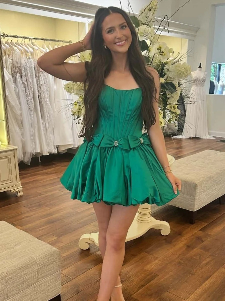 A-Line Strapless Puff Homecoming Dress with Cinched Waist - FashionDia