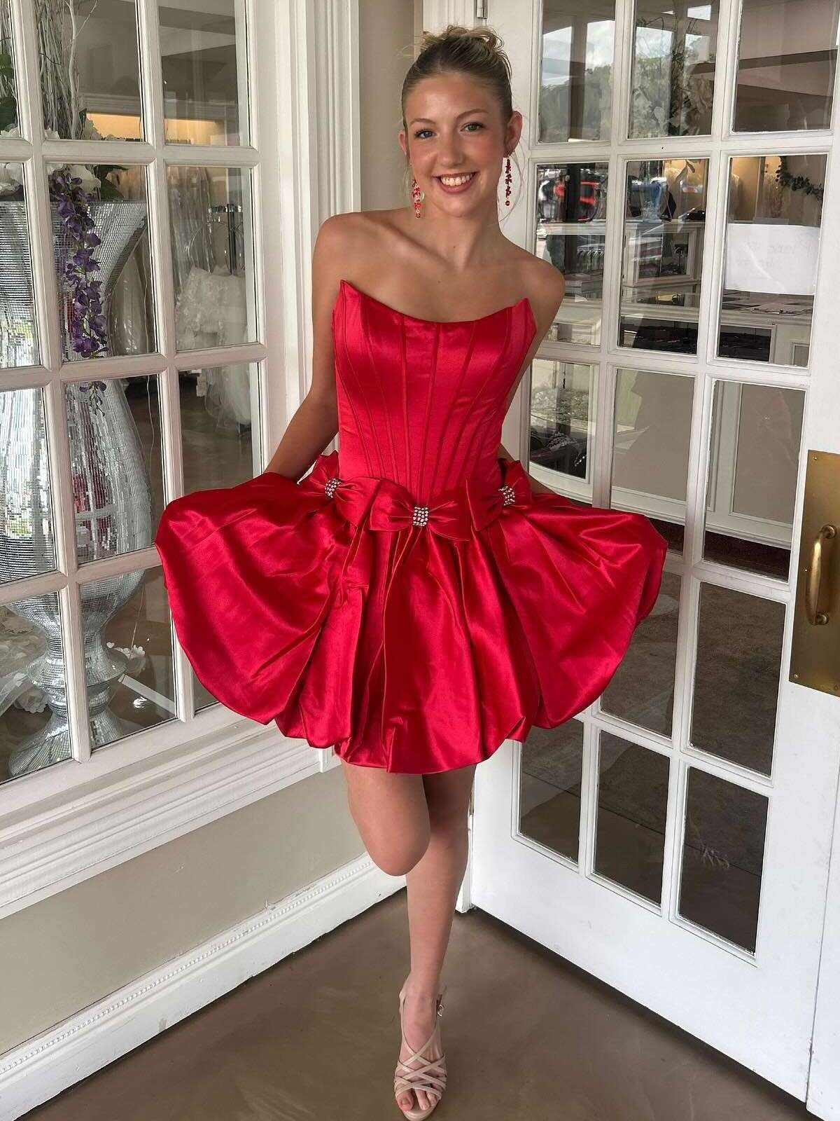 A-Line Strapless Puff Homecoming Dress with Cinched Waist