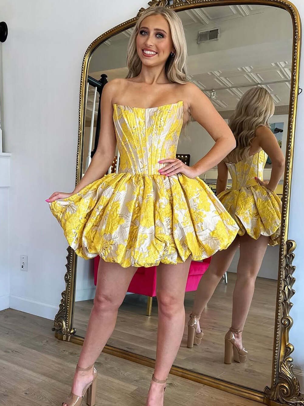 Strapless Satin Corset Floral Print Short Homecoming Dress