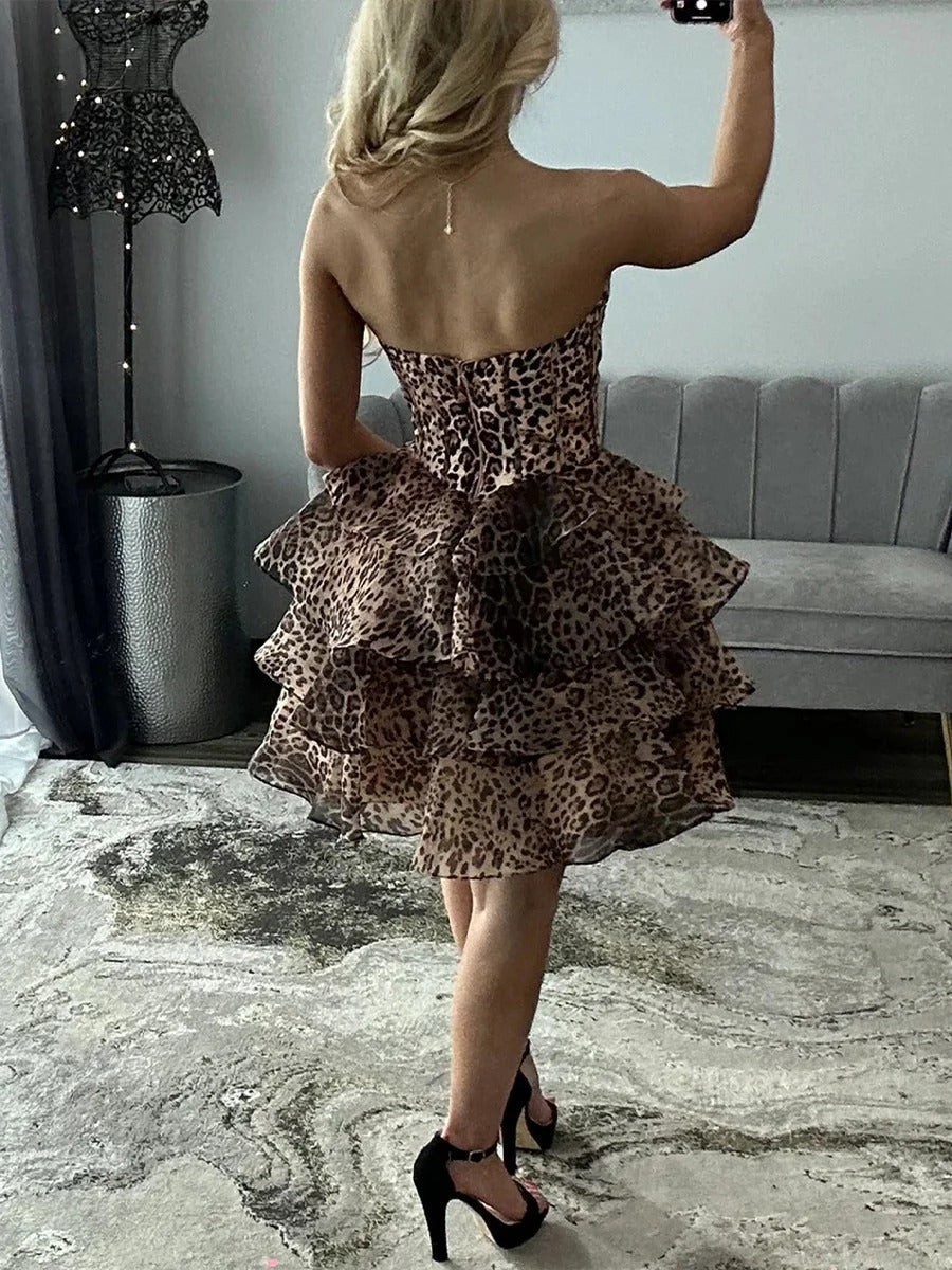 Leopard Print Strapless A Line Short Floral Homecoming Dress with Beading