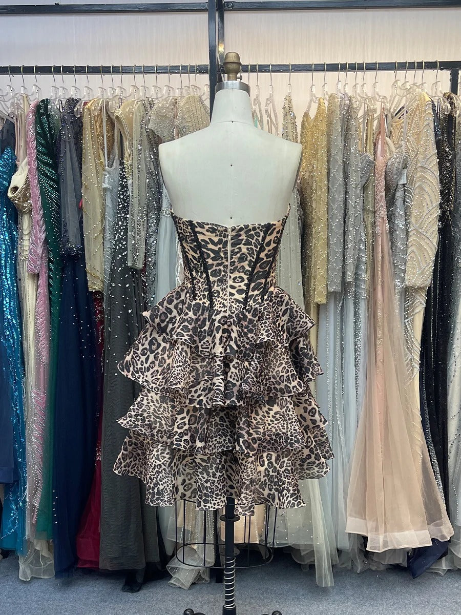 Leopard Print Strapless A Line Short Floral Homecoming Dress with Beading