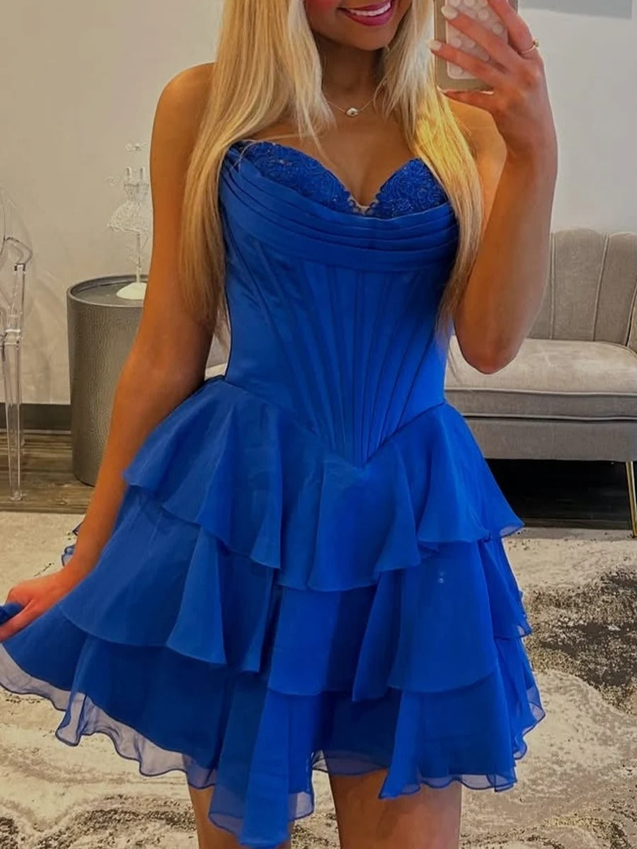 A Line Short Corset Homecoming Dress with Ruffles