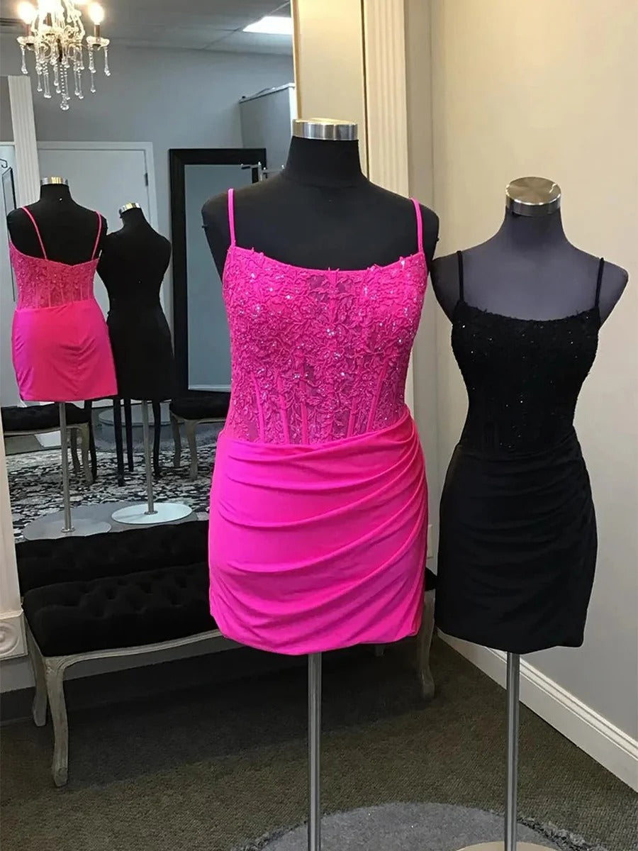 Straps Lace Appliques Tight Homecoming Mini Dress