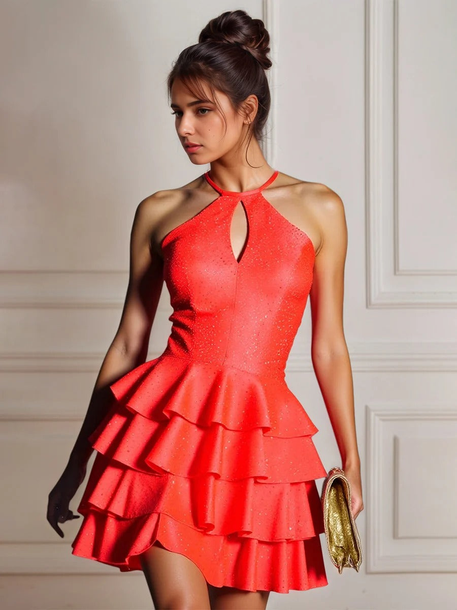 A Line Halter Neck Satin Tiered Homecoming Dress with Keyhole