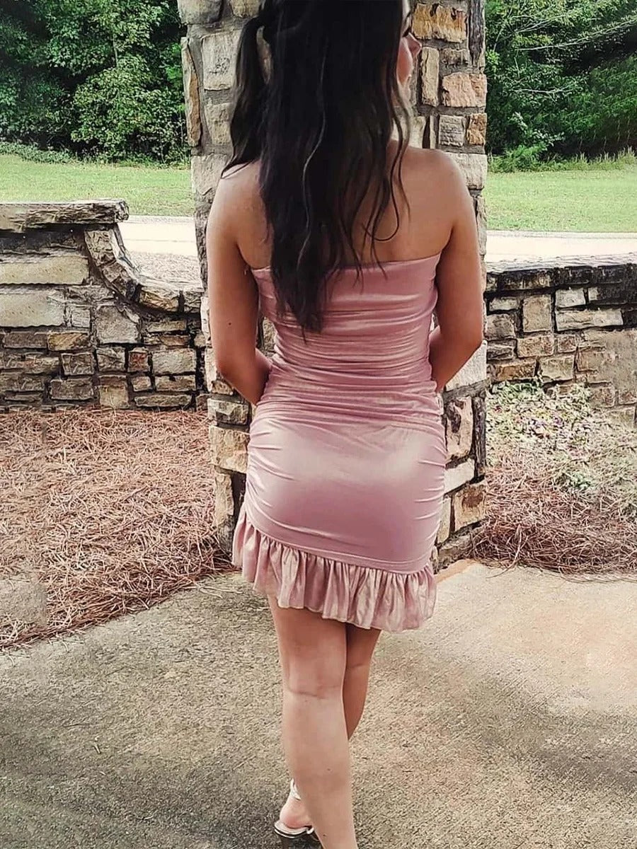 Strapless Tight Mini Homecoming Dress with Ruffles