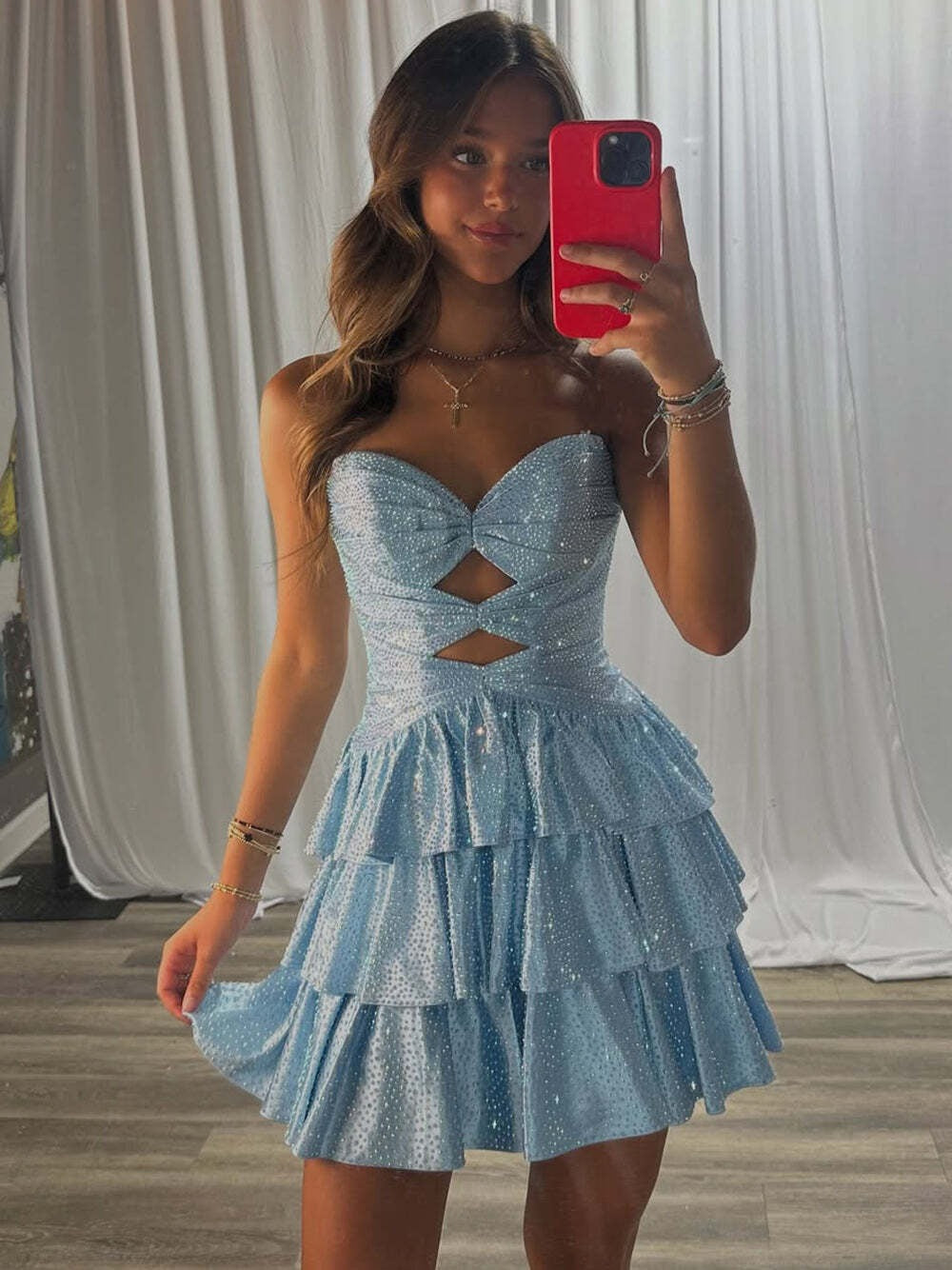 A Line Strapless Sweetheart Satin Homecoming Dress with Keyhole