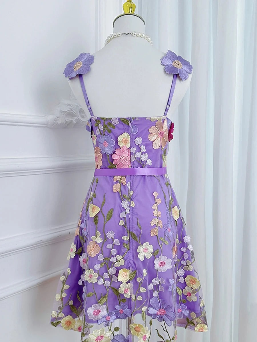 3D Floral Embroidery Tulle V-Neck Lace Mesh Homecoming Mini Dress