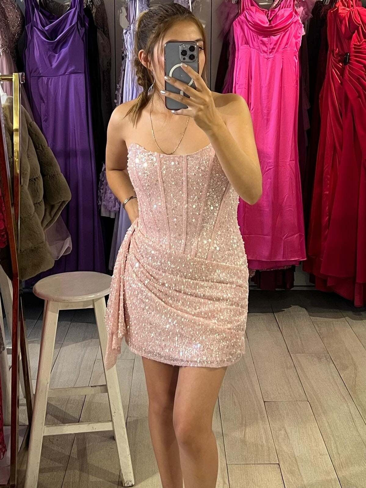 Strapless Sequin Ruched Short Homecoming Mini Dress