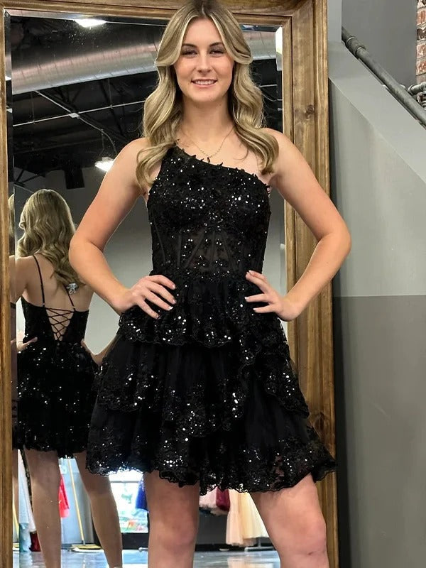 A-Line One-Shoulder Homecoming Dress With Appliques - FashionDia