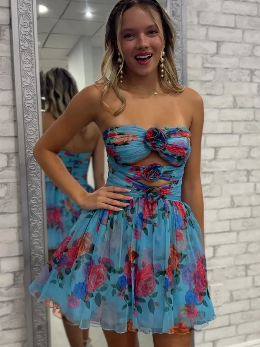 Floral A-Line Ruched Strapless Short Homecoming Dress - FashionDia