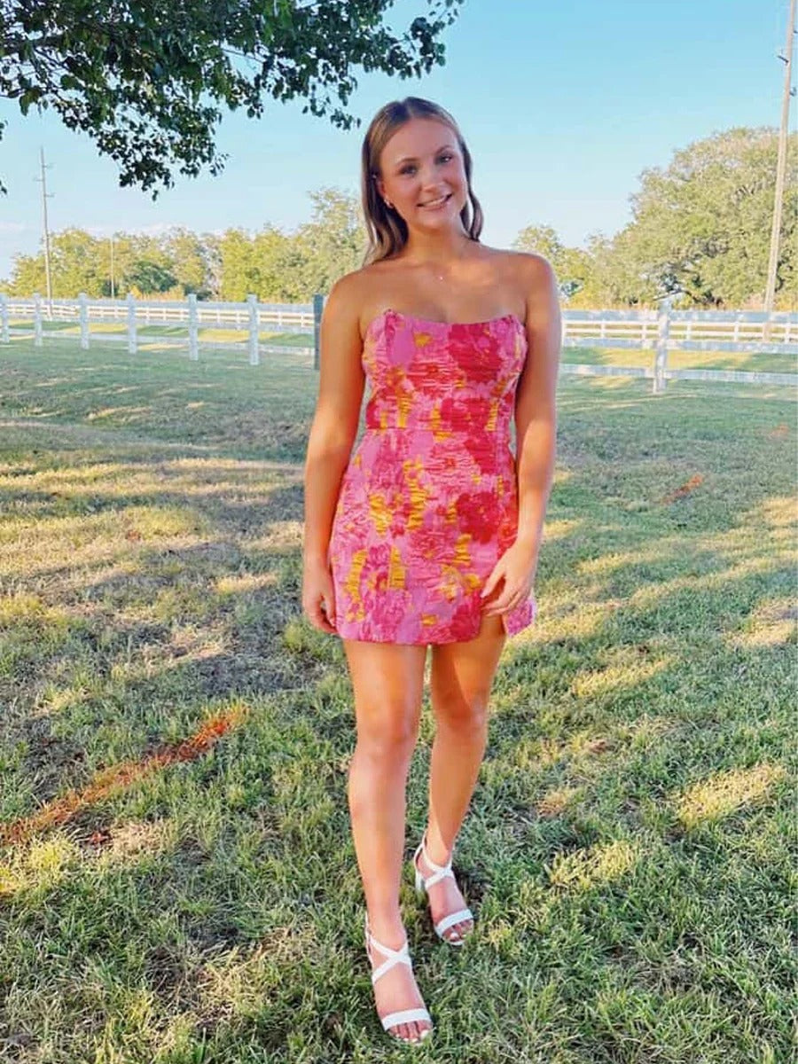 Strapless Jacquard Short Homecoming Dress with Slit