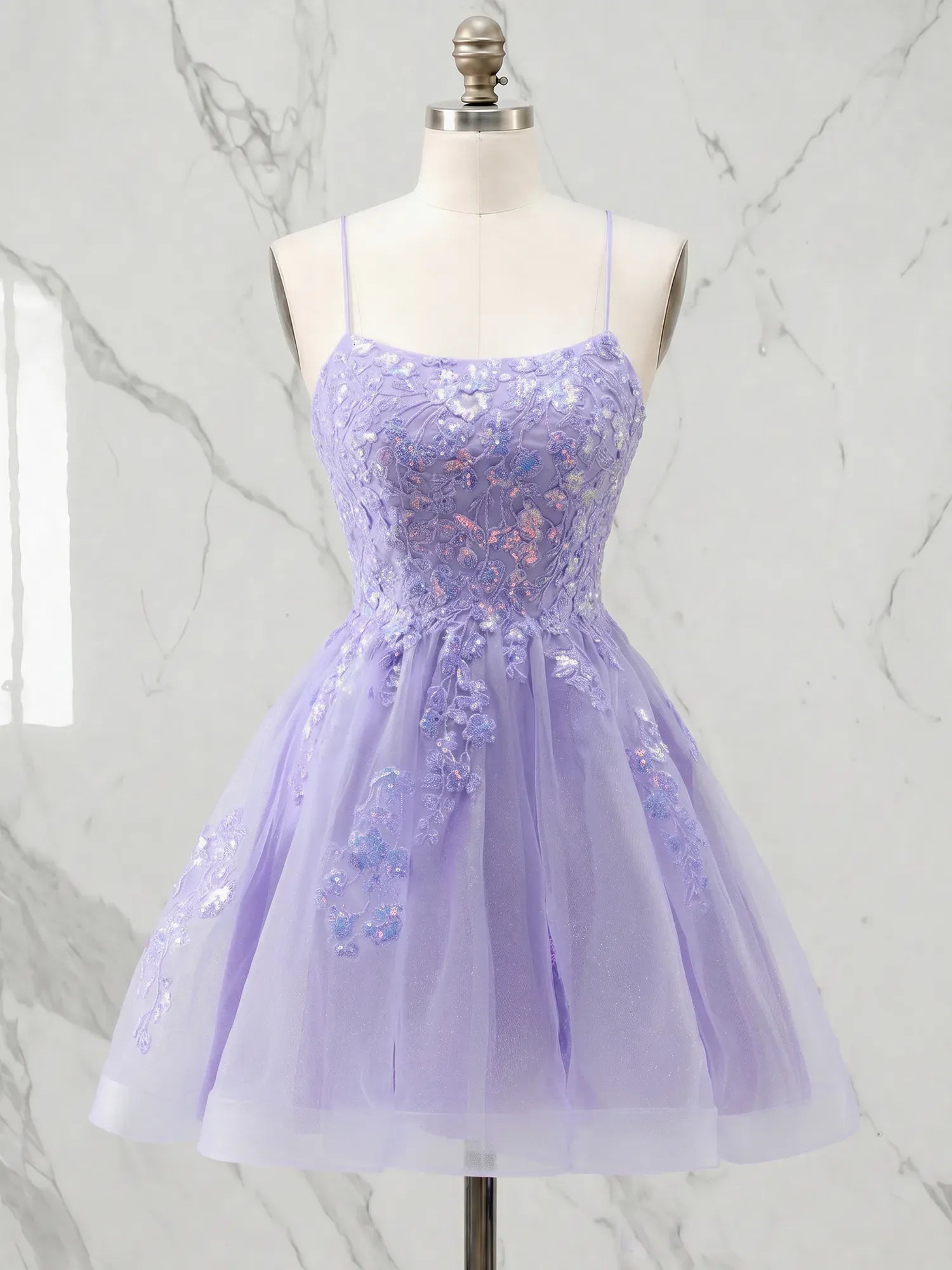 Square Neck Floral Lace A-Line Mini Homecoming Dress