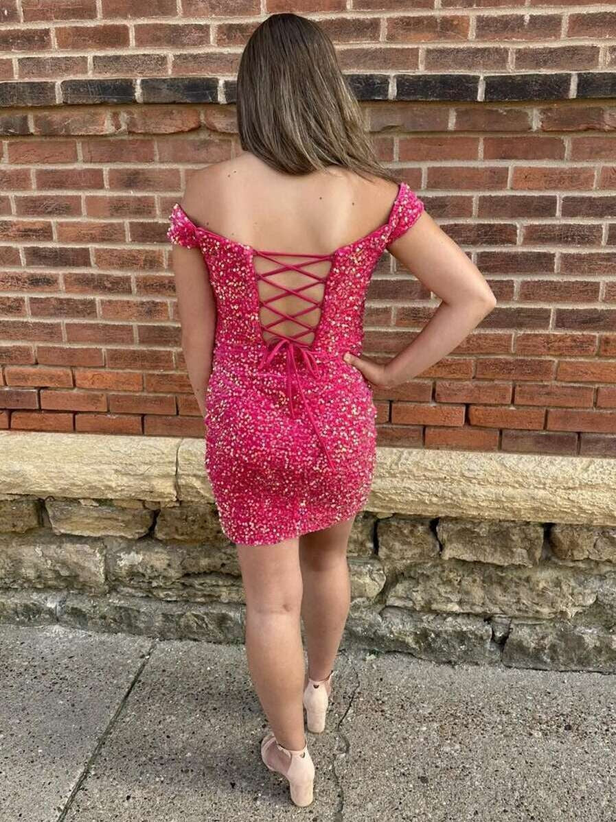 Off the Shoulder Sequin Tight Short Homecoming Dress