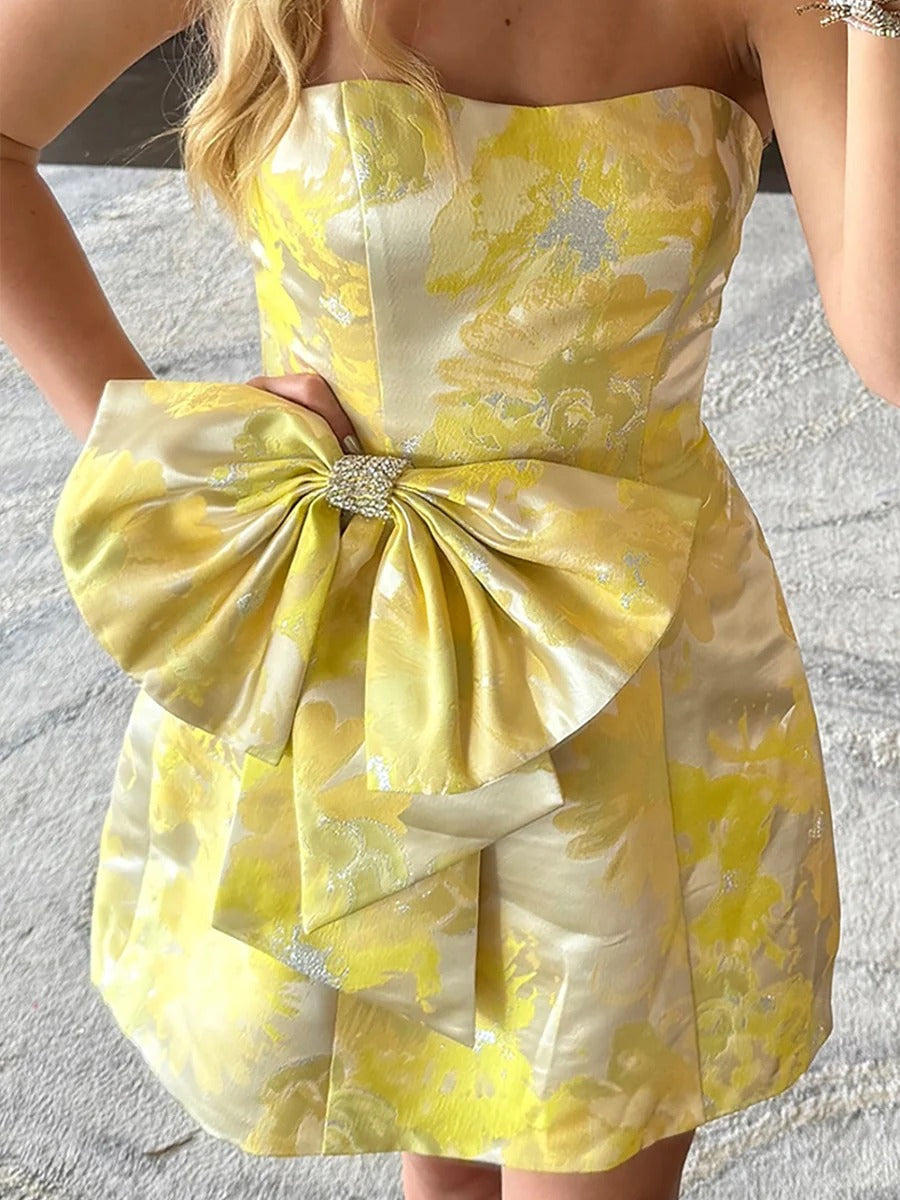 Strapless Floral Printed A Line Short Homecoming Dress with Bow