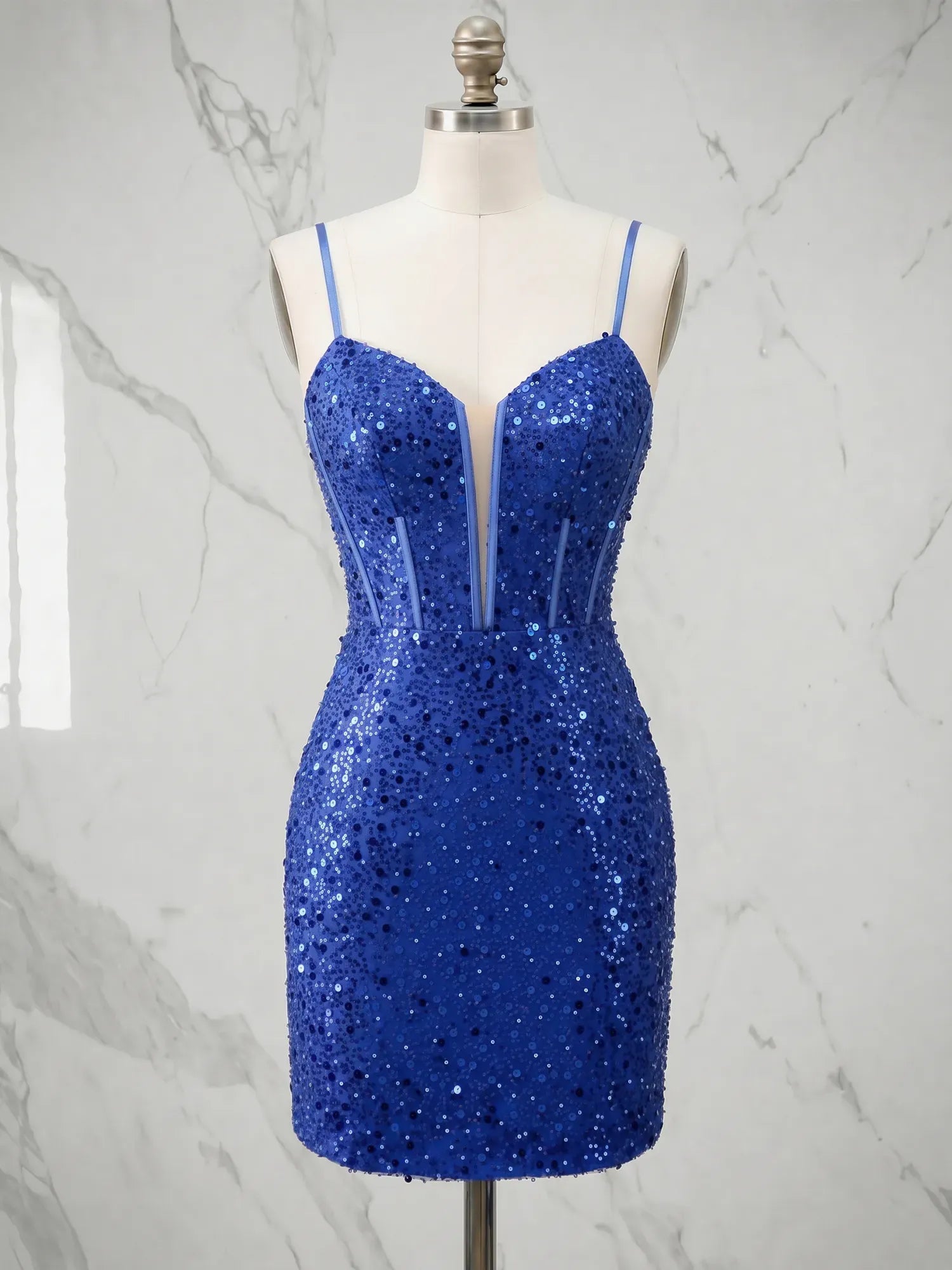 Plunging V-Neck Sequin Corset Mini Homecoming Dresses with Illusion Panel