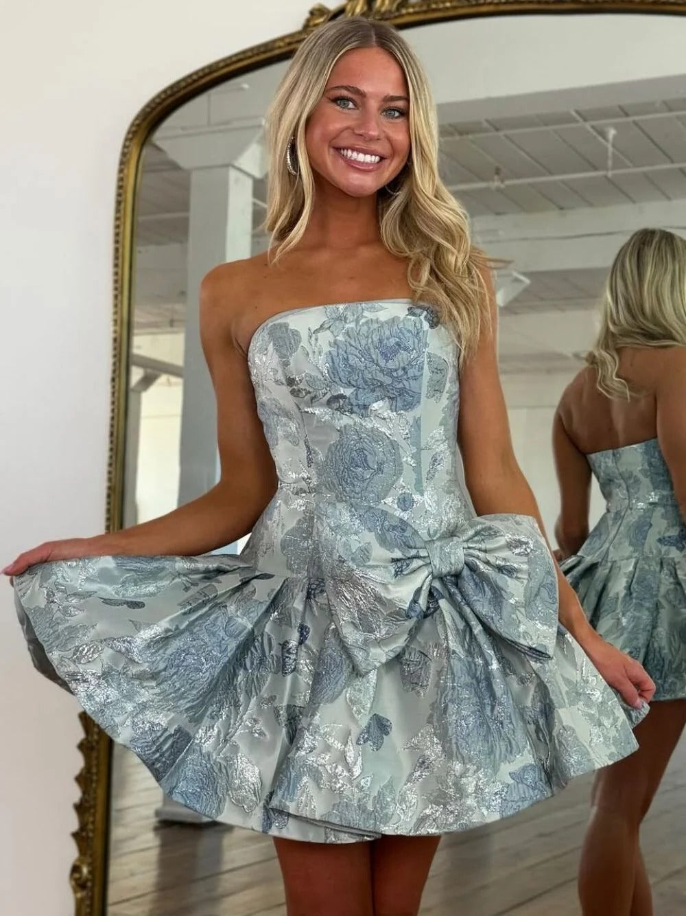 A Line Strapless Printed Short Homecoming Dress with Bowknot