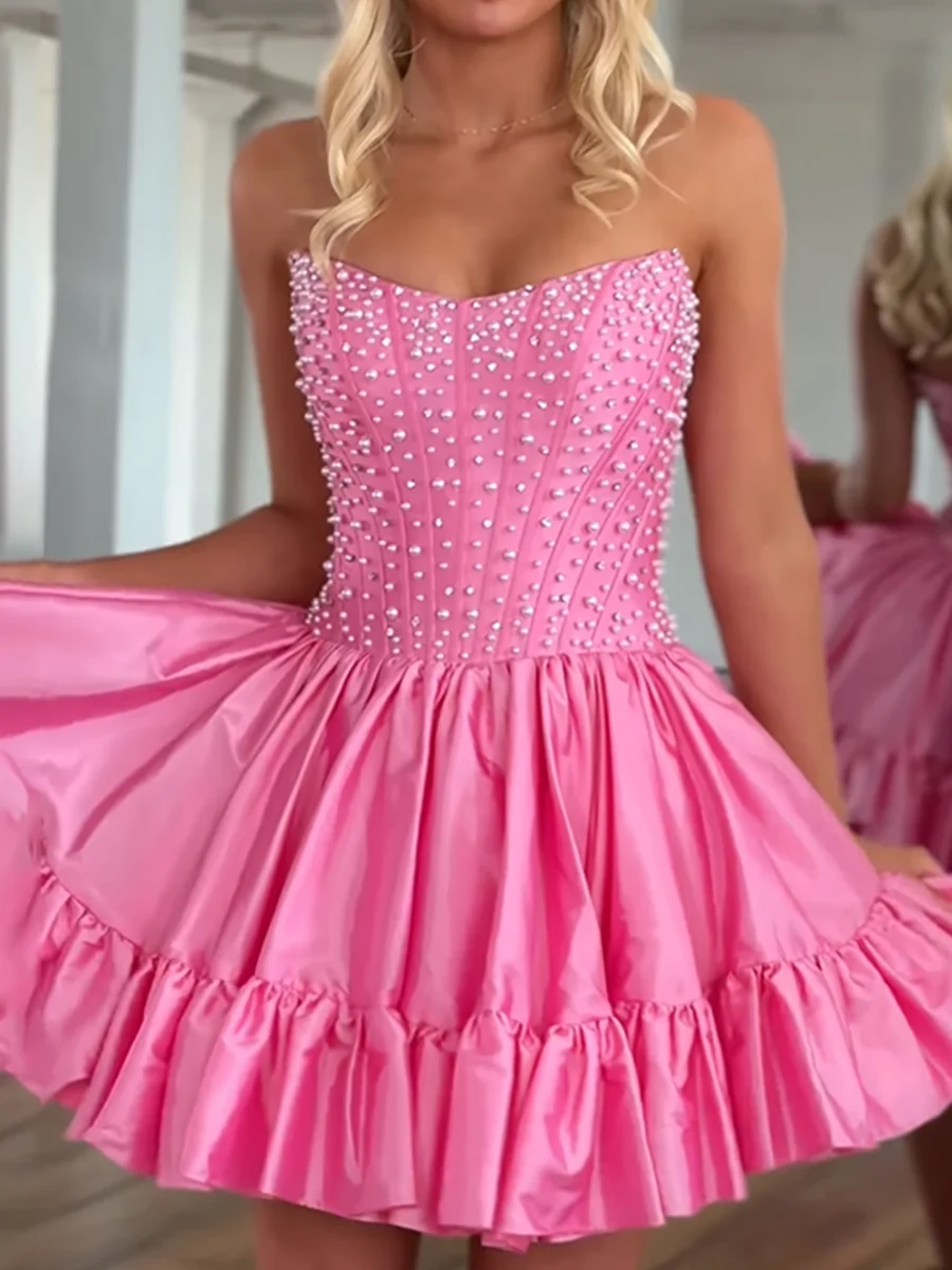 A Line Strapless Pearls Short Homecoming Dress with Ruffles