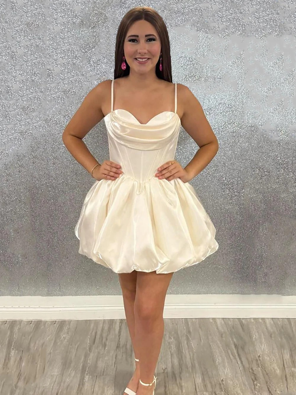 Straps Ruched Satin A Line Short Corset Homecoming Dress