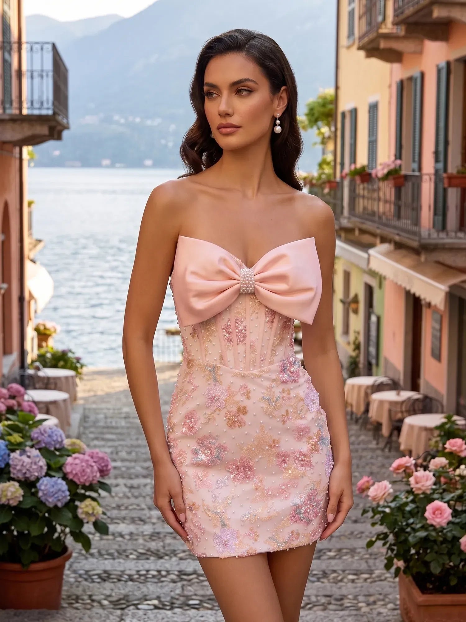 Strapless Floral Jacquard Homecoming Mini Dress with Lace-Up Back