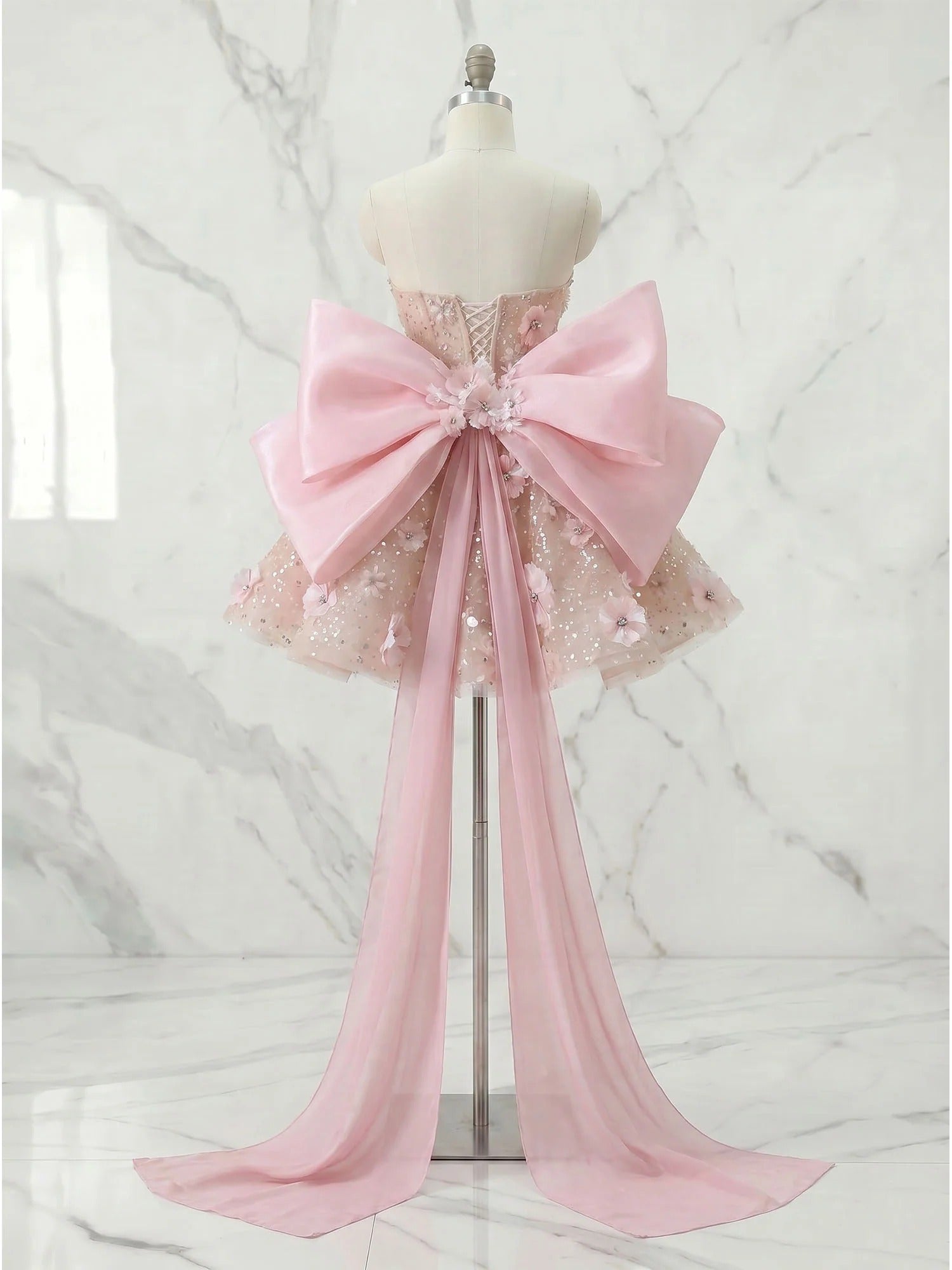 Whimsical Blush Pink 3D Floral Bow-Back Short Homecoming Dress