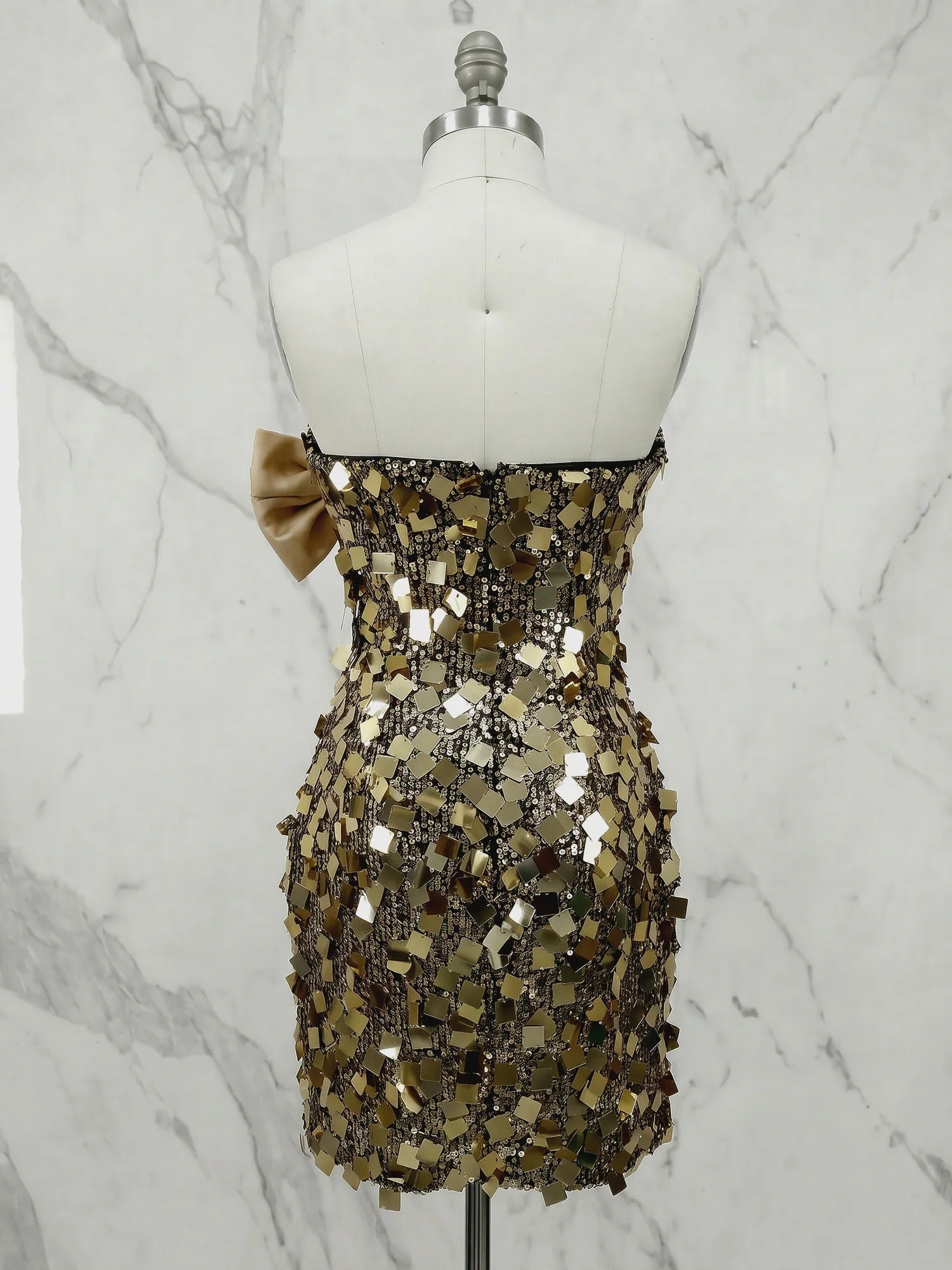 Dazzling Gold Geometric Sequin Strapless Bow Homecoming Dress