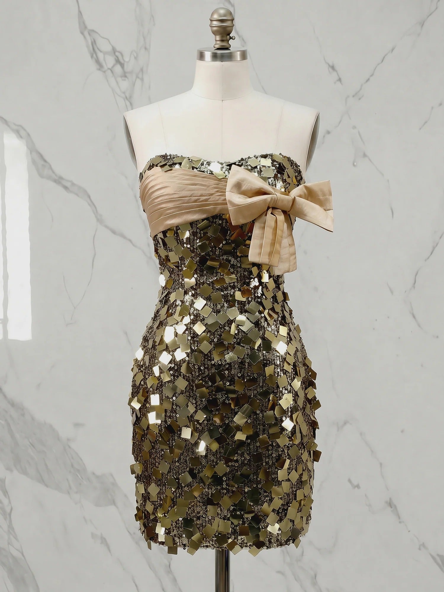Dazzling Gold Geometric Sequin Strapless Bow Homecoming Dress