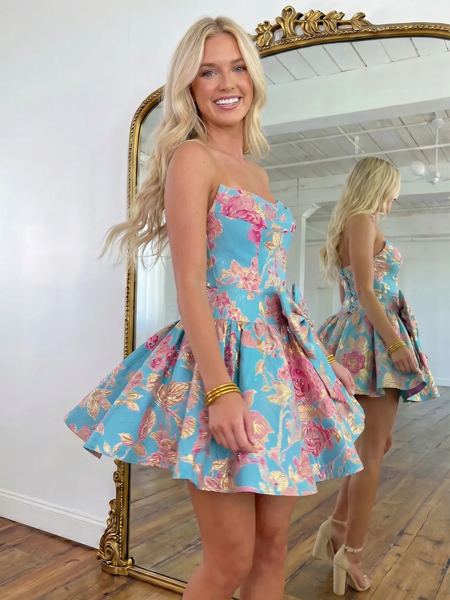 Strapless Floral Gold Jacquard A-Line Short Dress with Statement Bow Homecoming Dresses