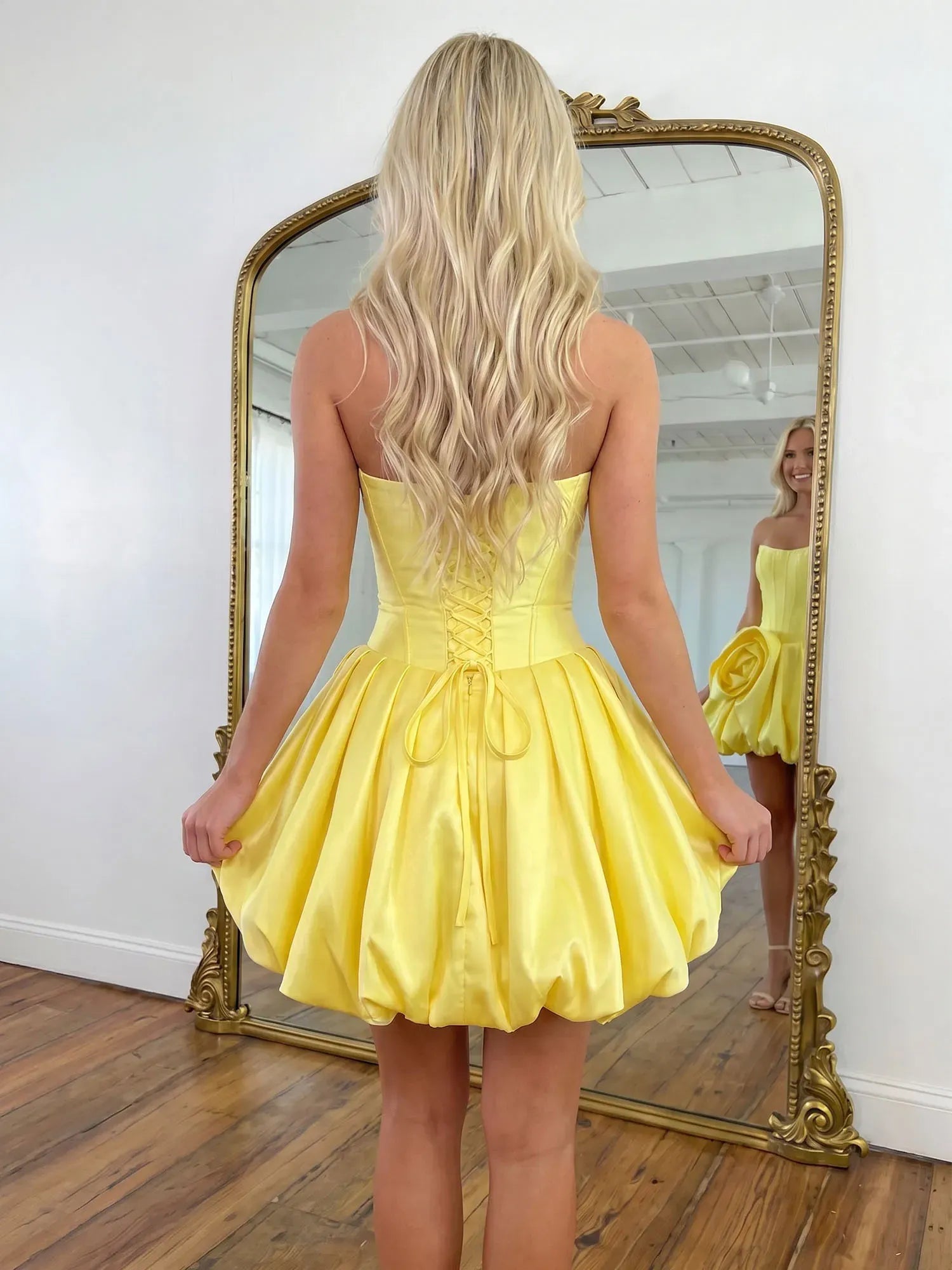 Strapless Satin Corset Bubble Dress with Oversized Rosette Homecoming Dresses