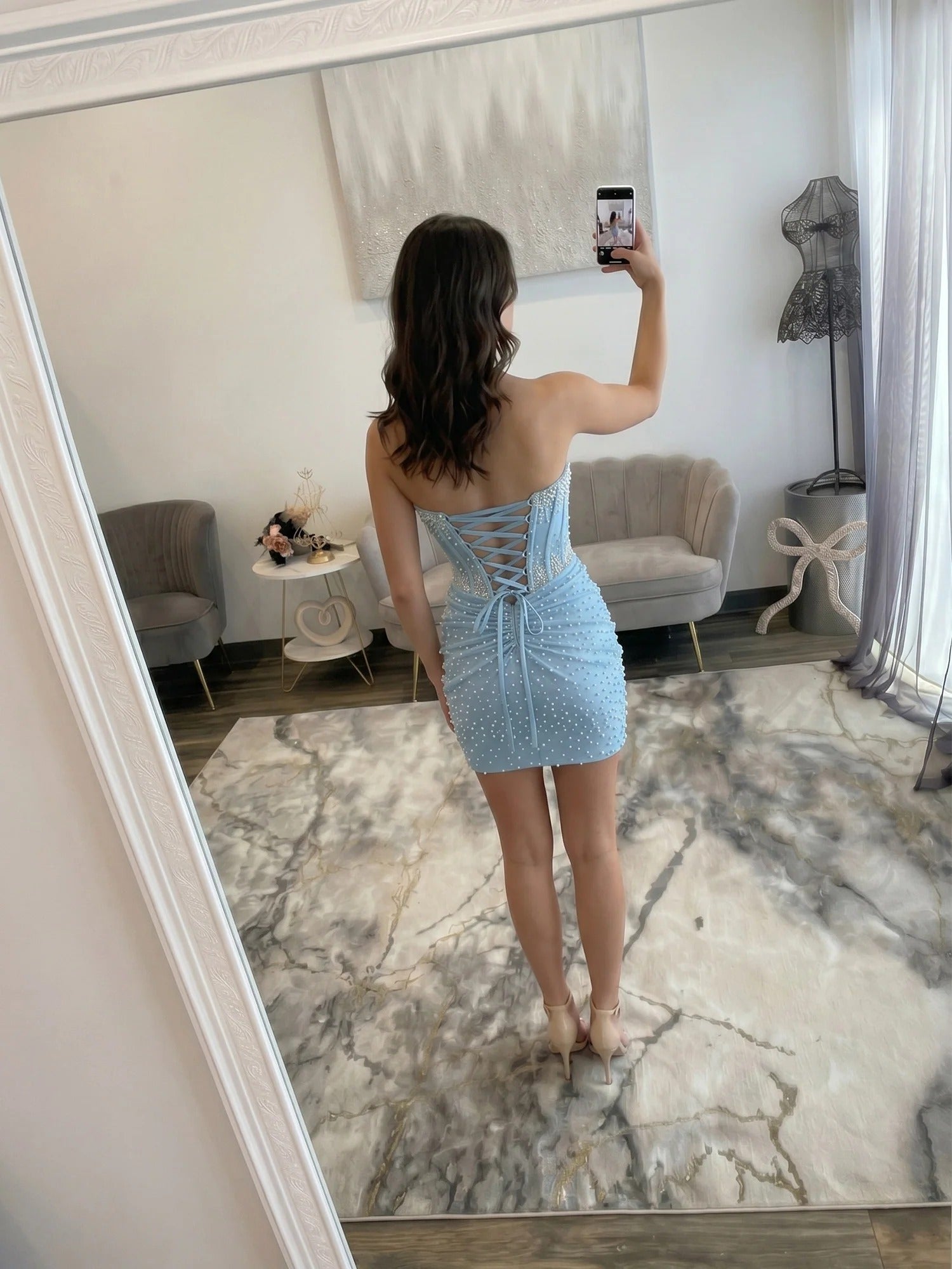 Pearl-Embellished Ruched Corset Homecoming Dress