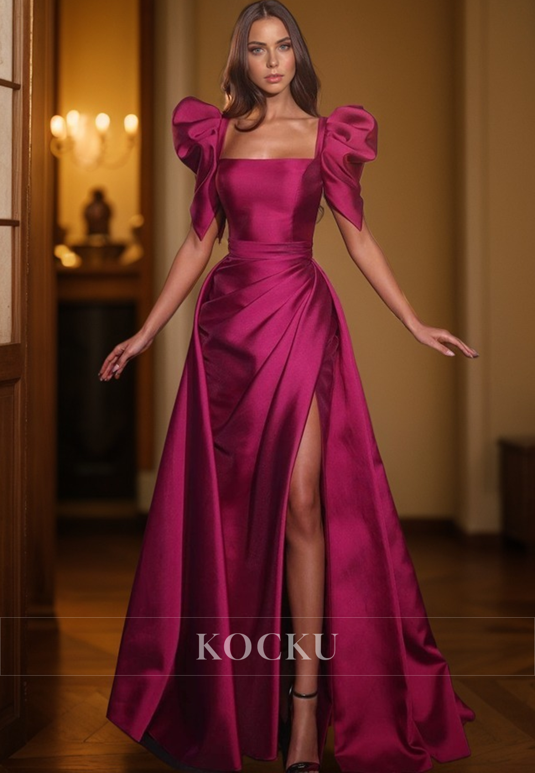 Classic & Timeless Short sleeves A-Line Split Satin Evening Party Prom Dress