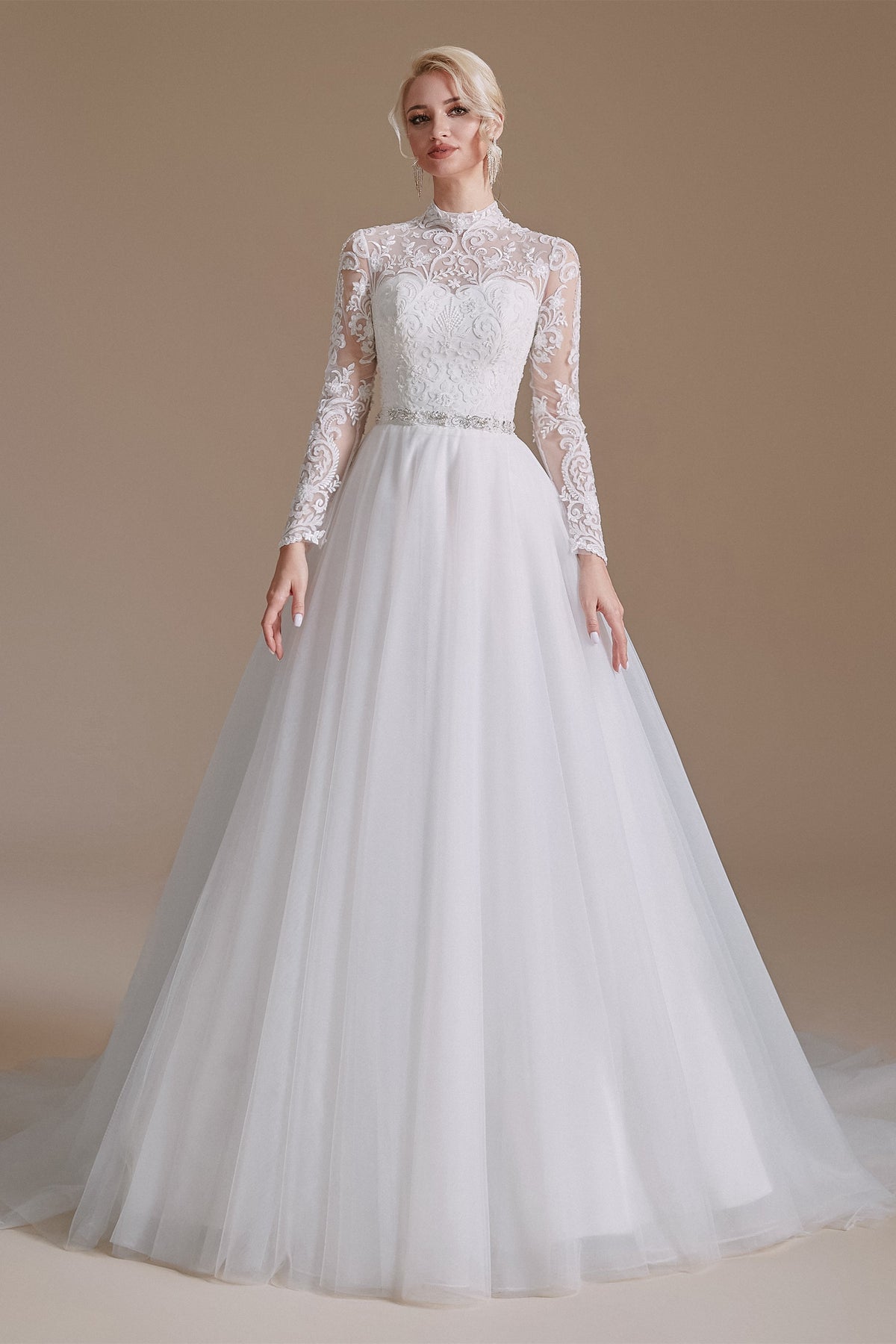 High Collar Lace Applique Long Sleeves Floor-Length Wedding Dress