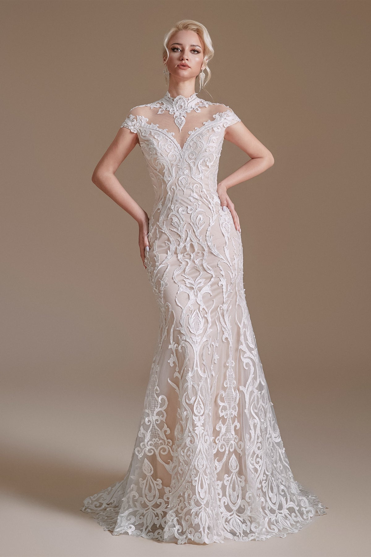 High Collar Lace Long Cap Sleeves Mermaid Wedding Dress