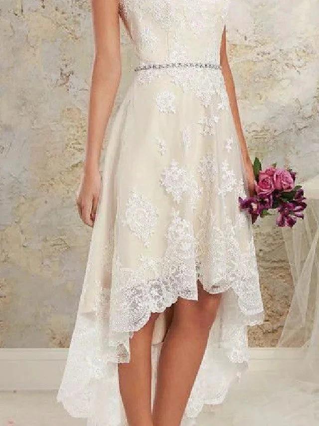 High Low A-Line Asymmetrical Lace Tulle Sleeveless Wedding Dresses (ZD15896)