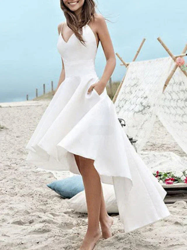 High Low A-Line V Neck Spaghetti Strap Satin Wedding Dresses with Pockets (ZD15932)