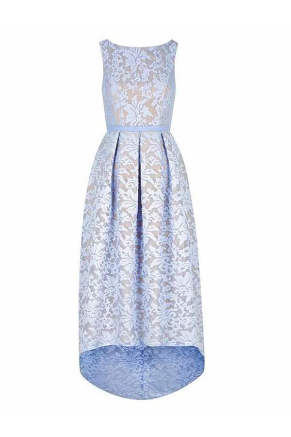 High Low Bateau Sleeveless Light Sky Blue Lace Bridesmaid Dress (ZD13223)